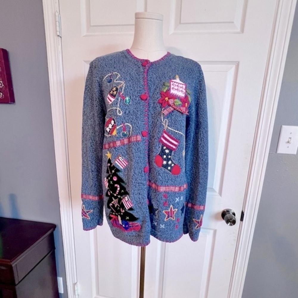Theme Works by Kikit Patriotic Christmas Button Front Cardigan Sweater Women’s M
